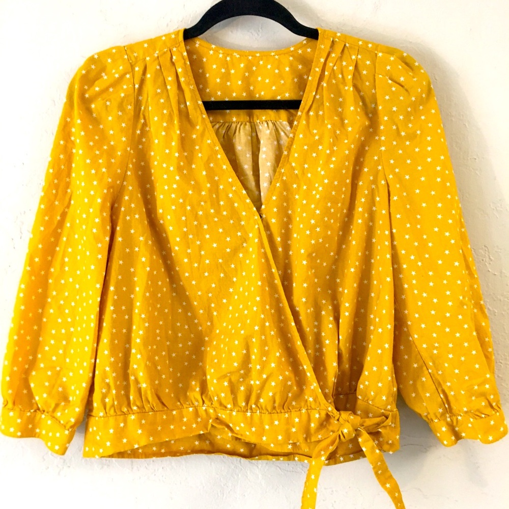 Madewell 100% Cotton Star Print Blouse Small Yellow White Puff Sleeve Sp…